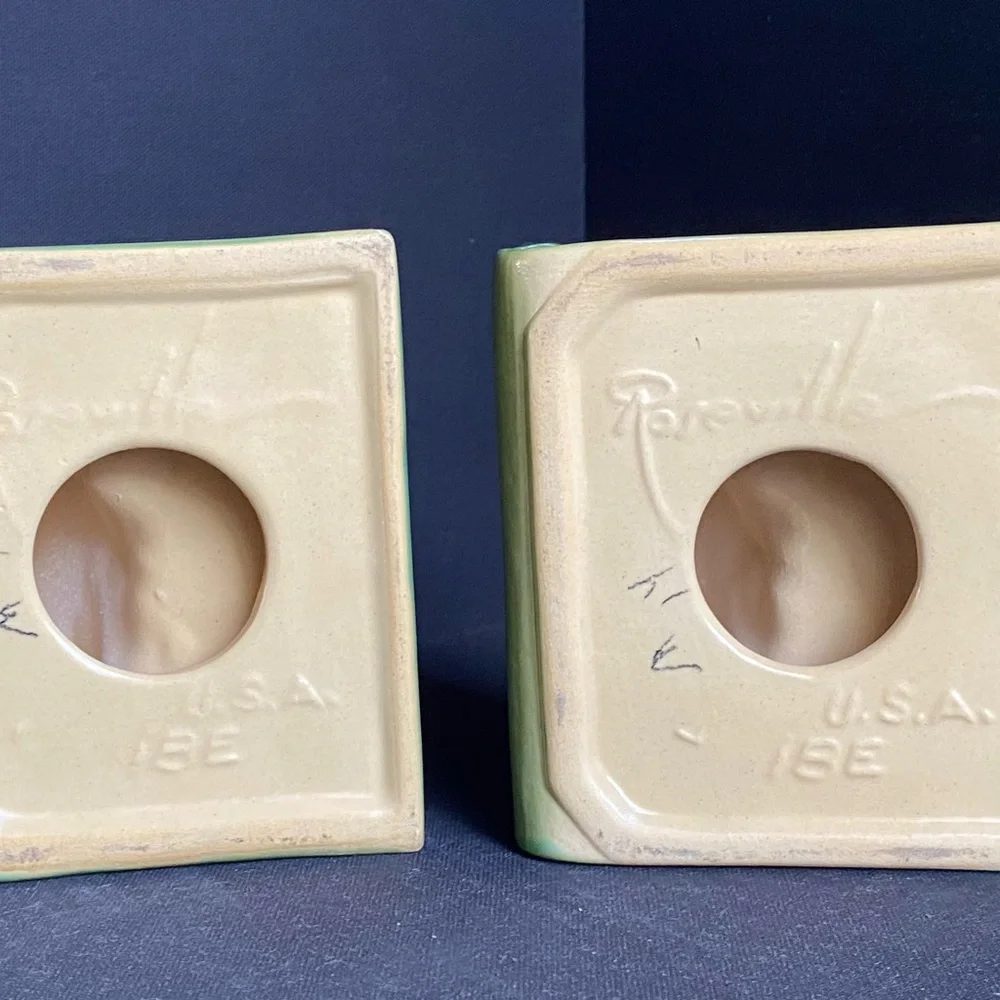 Roseville Green Snowberry Ceramic Bookends Floral Design 40s 50s Vintage Pottery - Picture 10 of 10